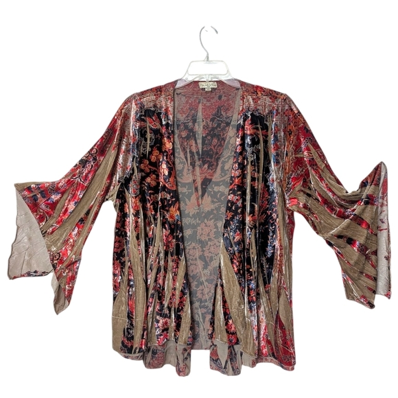 Live & Let Live Rustic Red and Orange Velvet Kimono Boho Whimsical Cardigan 3X - Picture 1 of 9